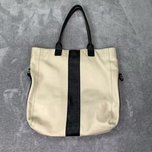Two Tone Pebbled Leather Tote Bag Black Cream Minimalist Shoulder Carryall